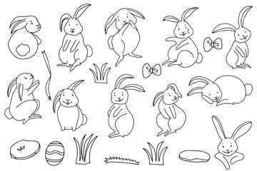 set of kawaii rabbit animal cartoon and watercolor isolated on white background. oon rabbits and holiday foods. Flat illustrations of cute jade rabbits