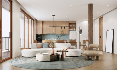 Modern living room interior design and decoration with white sofa in living area, dining table and wooden chairs, kitchen counter and cabinets. 3d rendering apartment room with balcony