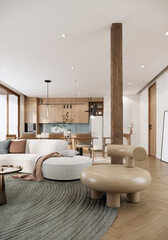 Modern Japanese living room apartment interior design and decoration. 3d rendering