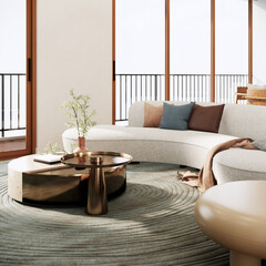 Modern style living room interior decoration with curve shape sofa, coffee table on grey carpet. 3d rendering mockup apartment room shot close-up 