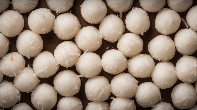 Sweet Coconut Candy Photorealistic Horizontal Background. Sweet Dessert From Confectionery. Ai Generated Hyperrealistic Background with Delicious Flavory Coconut Candy. Generative AI