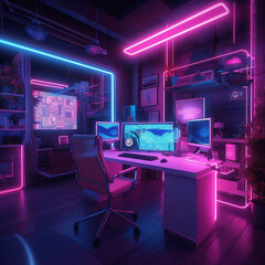Glowing Hubs: Step into the Futuristic Neon-Infused Computer Office