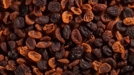 Organic Dried Raisins Berry Photorealistic Horizontal Background. Healthy Vegetarian Energy Snack. Ai Generated Hyperrealistic Background with Delicious Chewy Dried Raisins Berry. Generative AI