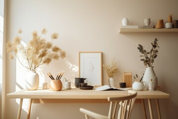a brightly lit hi-res illustration of an off-white wall and beige desk with a white vase on the desk
