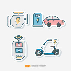 Electric Vehicle Engine, Electric Car Charging Station, Motorcycle Doodle Sticker Icon Set. Ecological Transport vector illustration