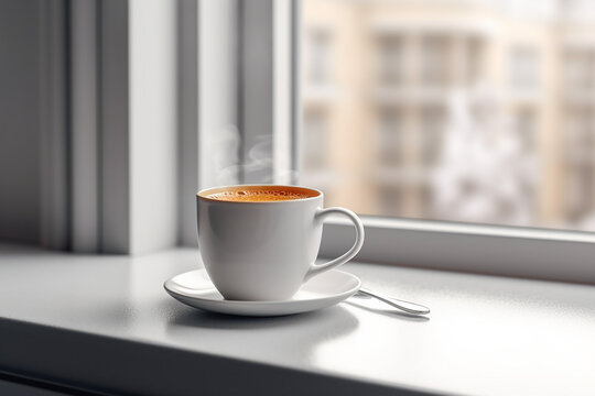 a Cup of Hot Coffee on White Table with Building City Landscape in the Morning