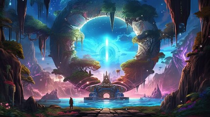 A futuristic world with magical portals. Fantasy concept , Illustration painting. Generative AI