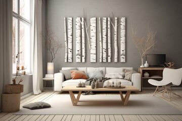 Step into the world of contemporary interior design with this captivating background featuring a Scandinavian living room. Generative AI