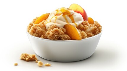 030_A bowl of peach cobbler with a crispy topping and juicy peaches, on a white background, Generative AI