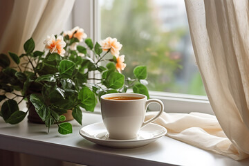 Fototapeta na wymiar Beautiful Flower with Hot Coffee on White Table Ready to Greet a Beautiful Morning