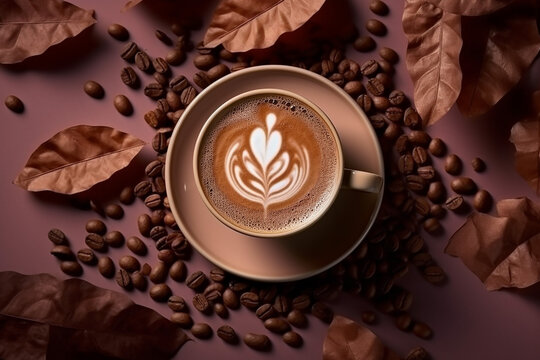 Top View of a Cup of Hot Coffee with Art Leaves Foam and Coffee Beans