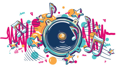 Colorful drawn loudspeaker with music notes - musical design - obrazy, fototapety, plakaty