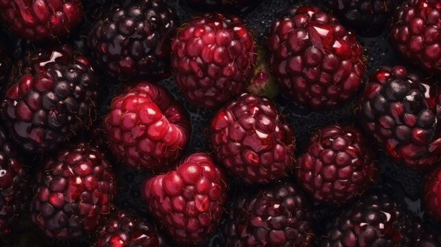 Fresh Organic Loganberry Berry Photorealistic Horizontal Background. Healthy Vegetarian Diet. Ai Generated Hyperrealistic Background with Delicious Juicy Loganberry Berry. Generative AI