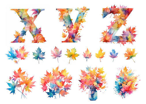  Watercolor cute letters with colorful autumn maple leaves  on a white background. Red, yellow, orange, green, blue color. Сapital letters of the English alphabet: x, y, z. AI generated