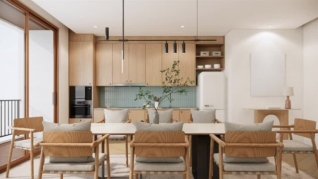 Modern minimal style dining room interior design and decoration. 4K video 3d rendering apartment room in Japandi style.