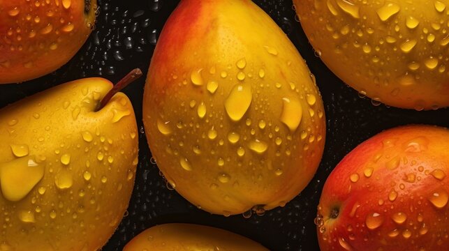 Fresh Organic Mango Fruit Photorealistic Horizontal Background. Healthy Vegetarian Diet. Ai Generated Hyperrealistic Background with Delicious Juicy Mango Fruit. Generative AI