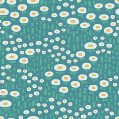 White and Yellow Ditzy Flowers on Blue Seamless Vector Repeat Pattern