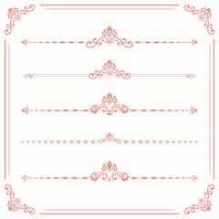 Vintage set of vector decorative elements. Horizontal separators in the frame. Collection of pink ornaments. Classic patterns. Set of vintage patterns