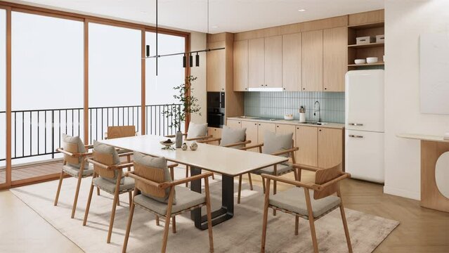 Minimal and modern japandi style dining room interior design and decoration with wooden table and chairs, built in kitchen counter and cabinets. 4K video 3d rendering animation apartment with terrace.