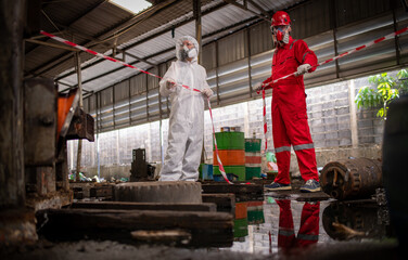 Worker wearing safety uniform and gas mask they used stretching the red white warning tap in...