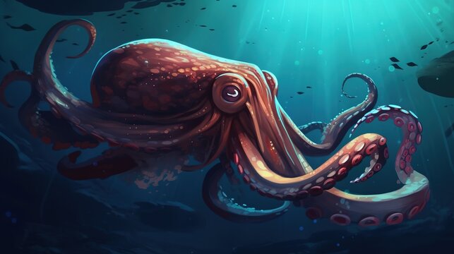 A giant squid with tentacles. Fantasy concept , Illustration painting. Generative AI