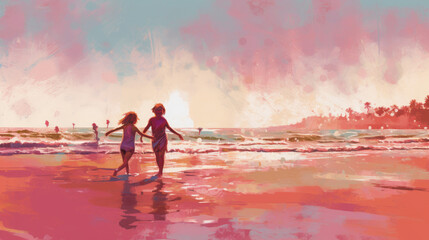 Silhouette of two children running on the beach at sunrise, banner, generative ai illustration