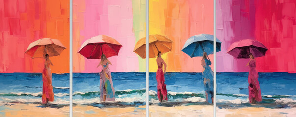 women with umbrella at the beach, generative ai illustration