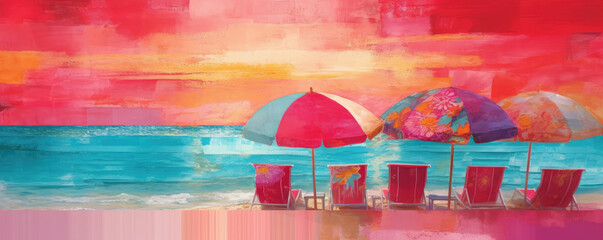 long chairs and parasols on the beach at sunset, banner, generative ai illustration