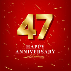 47th anniversary vector template with a golden number and golden confetti spread on a red background