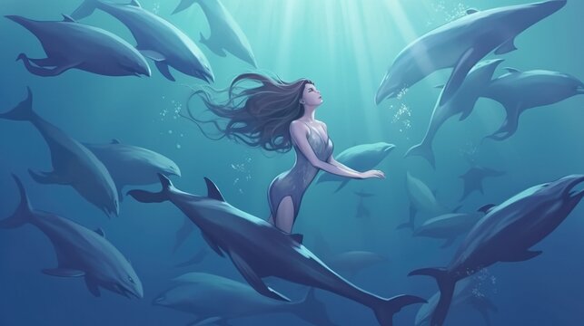 A graceful mermaid swimming with a pod of dolphins in the ocean. Fantasy concept , Illustration painting. Generative AI