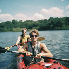In a summer day, two young men are kayaking on the lake. AI generative image.