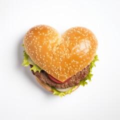 Isolated hamburger in the shape of heart on a white background, Generative AI