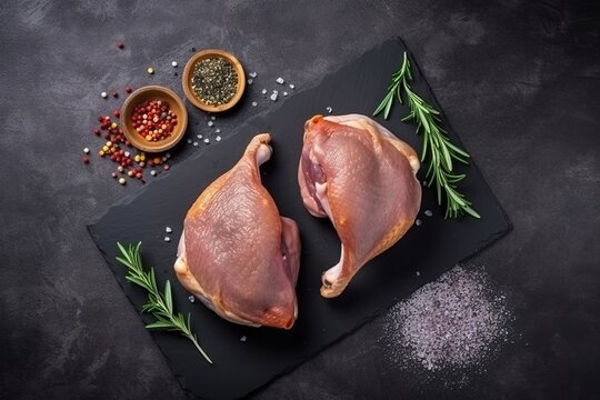 Two raw guinea fowl tenderloins dressed and seasoned with herbs and spices on a grey background - AI Generative