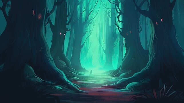 A haunted forest with glowing eyes. Fantasy concept , Illustration painting. Generative AI