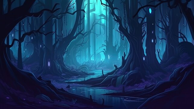 A haunted forest with glowing eyes. Fantasy concept , Illustration painting. Generative AI