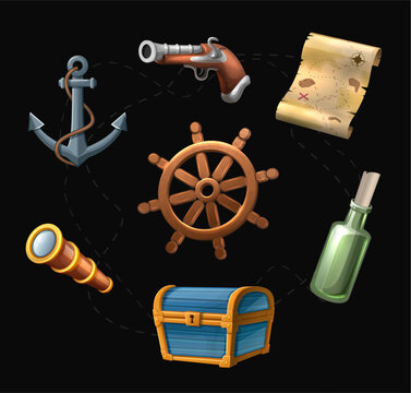Vector cartoon style game icons set  illustration. Pirate map, glass bottle, binocular, ship wheel, ancor, gun and treasure chest.