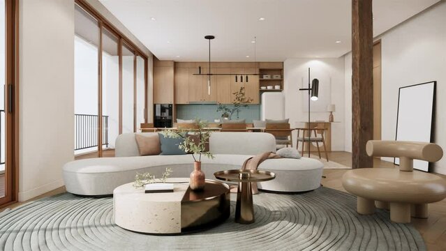 3d rendering 4K video showcase condominium room with balcony. Modern style living room interior design and decoration with curve shape sofa, round coffee table on grey carpet.
