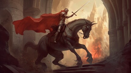 A knight on horseback battling a dragon in a medieval castle. Fantasy concept , Illustration painting. Generative AI