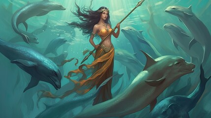 A mermaid leading a pod of dolphins on a quest for a lost treasure. Fantasy concept , Illustration painting. Generative AI - obrazy, fototapety, plakaty