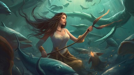 Obraz na płótnie Canvas A mermaid leading a pod of dolphins on a quest for a lost treasure. Fantasy concept , Illustration painting. Generative AI