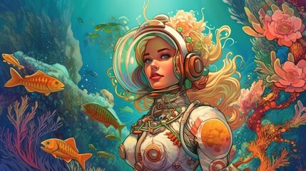 Naklejka na ściany i meble A mermaid in a spacesuit exploring a new planet. Fantasy concept , Illustration painting. Generative AI