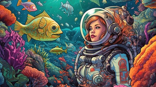 A mermaid in a spacesuit exploring a new planet. Fantasy concept , Illustration painting. Generative AI