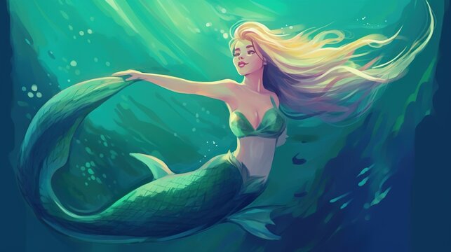 A mermaid swimming in the ocean. Fantasy concept , Illustration painting. Generative AI
