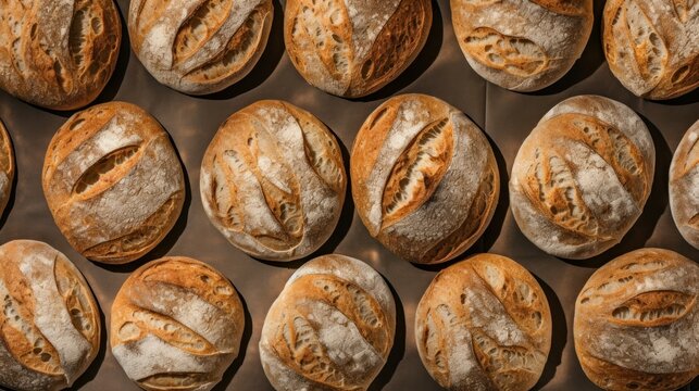 Freshly Baked Sourdough Bread Photorealistic Horizontal Background. Crusty Pastry, Gourmet Bakery. Ai Generated Hyperrealistic Background with Aromatic Traditional Sourdough Bread . Generative AI