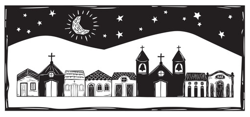 Village of simple houses and small church, night with moon and stars in the interior of Brazil, woodcut vector, in the Cordel style of the Brazilian Northeast