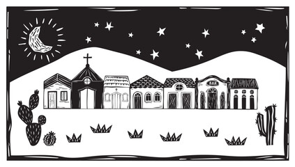 Village of simple houses and small church, night with moon and stars in the interior of Brazil, woodcut vector, in the Cordel style of the Brazilian Northeast - obrazy, fototapety, plakaty