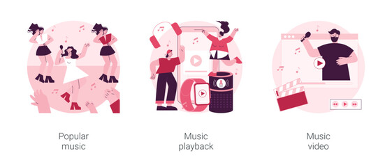 Pop culture abstract concept vector illustration set. Popular music, playback recorded audio, official videoclip production, top chart artist, singer tour, musician promotion abstract metaphor.