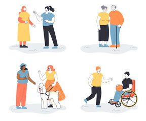 Conversations between different people vector illustrations set. People with physical disabilities, persons of different religions, races, ages. Inclusion, diversity, community, communication concept