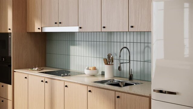 Modern and minimal style kitchen counter apartment room interior design and decoration with built in wooden cabinets, electric stove. 4K video 3d animation rendering.