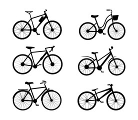 Black outlines of bicycles vector illustrations set. Cartoon drawings of silhouettes of personal transport with big wheels and pedals, vehicle for sports or traveling. Transportation, mobility concept